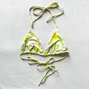 Frankie's Bikinis White Floral Triangle Bikini Top with Lime & Pink Accents